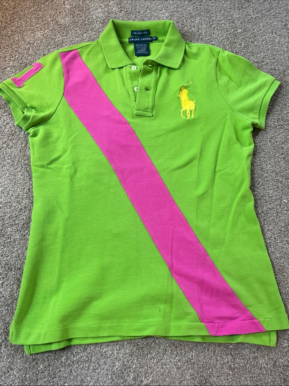 🍏🩷🍏🩷Ralph Lauren Pique Cotton Neon Apple Green Pink Banner Polo szS Tiny Flaw